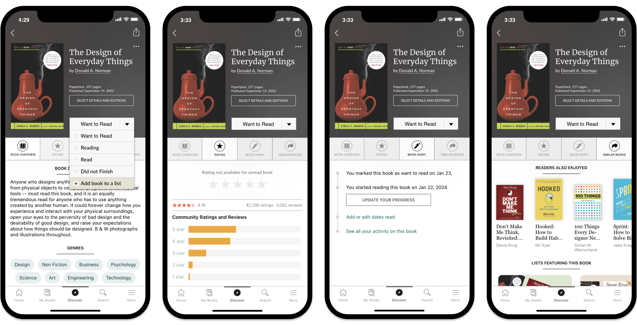mock ups of the UI redesign of the book details page and readings lists