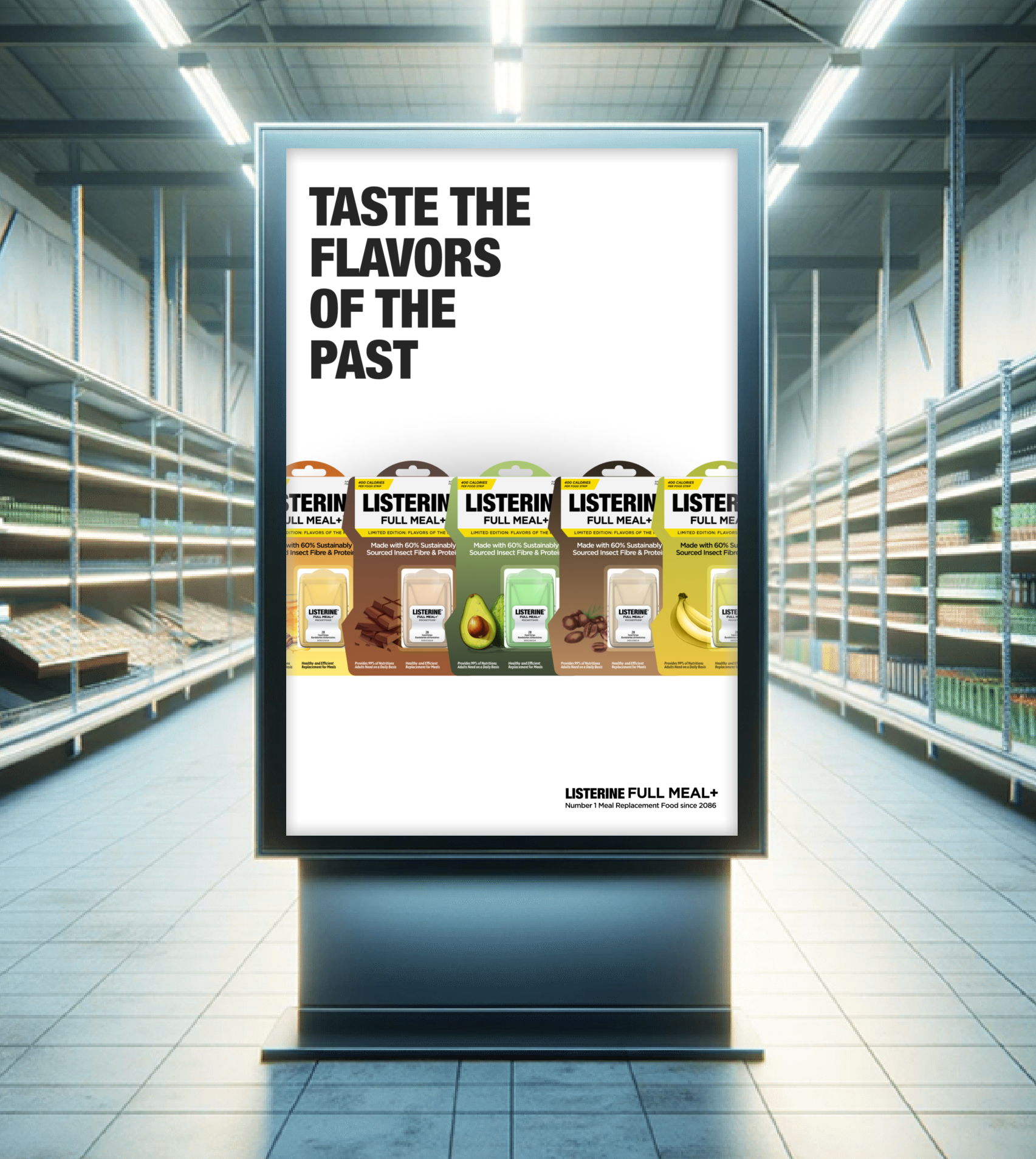 the listerine ad shown on a monitor on in a supermarket